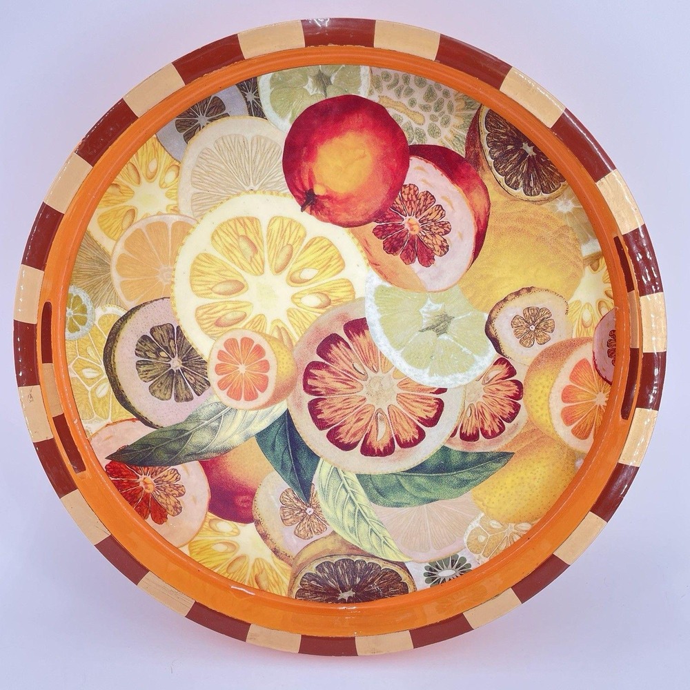 Annie Modica Serving Tray Citrus Lacquered Decoupage Wood Summer Bar Signed 15"